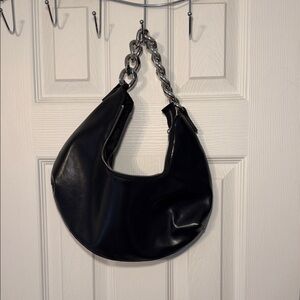 Zara Black Crescent Hobo with Silver Chain Handle